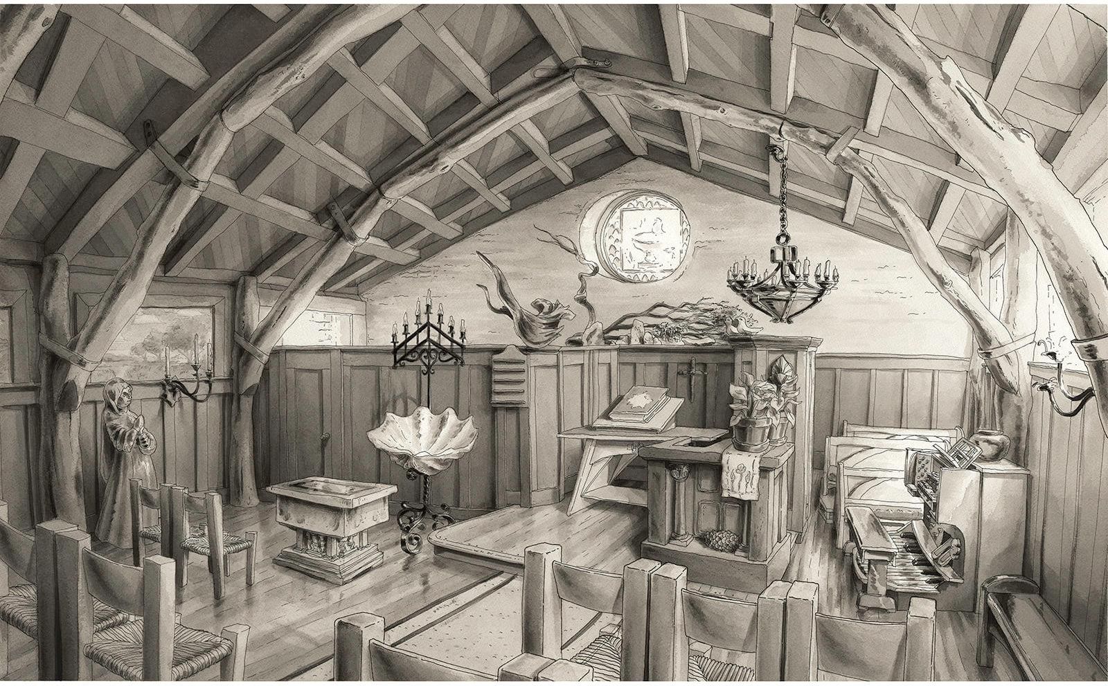 A monochrome drawing of the sanctuary of the Swedenborgian Church seen from the back: the timber trusses and rafters of the ceiling, the round stained glass window, rows of rush seated chairs, the altar and a shell shaped font.